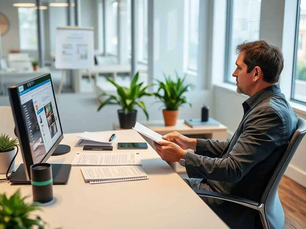 A professional property manager conducting a thorough tenant screening process, reviewing applications and background checks to ensure reliable tenants for Renovios managed properties.