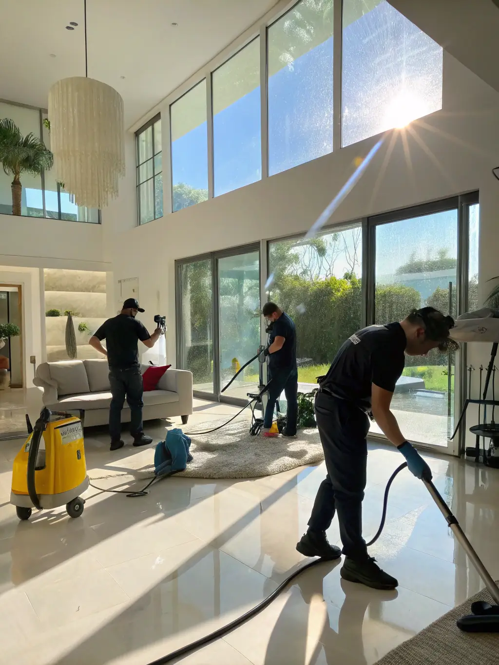 A team of cleaners diligently working in a bright and clean living room, demonstrating Renovios' cleaning services.