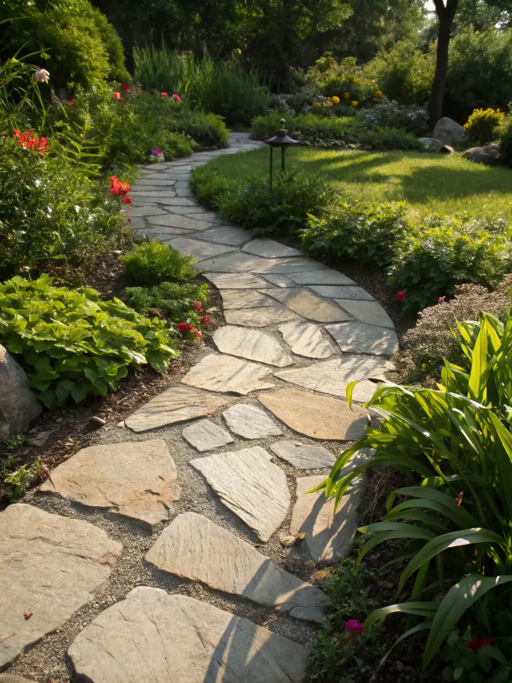 A beautifully designed garden with a stone pathway, various plants, and ambient lighting, highlighting Renovios' ability to create stunning outdoor environments.