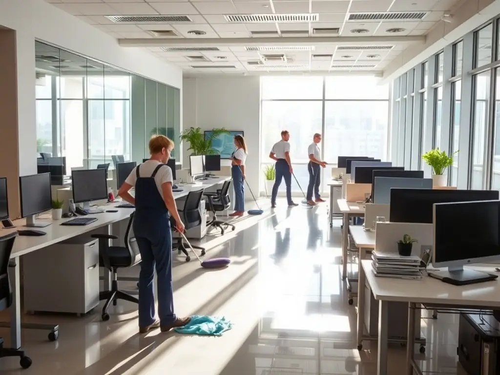 A Renovios cleaning crew is shown inside a commercial office space, vacuuming carpets and sanitizing desks, ensuring a clean and productive work environment.
