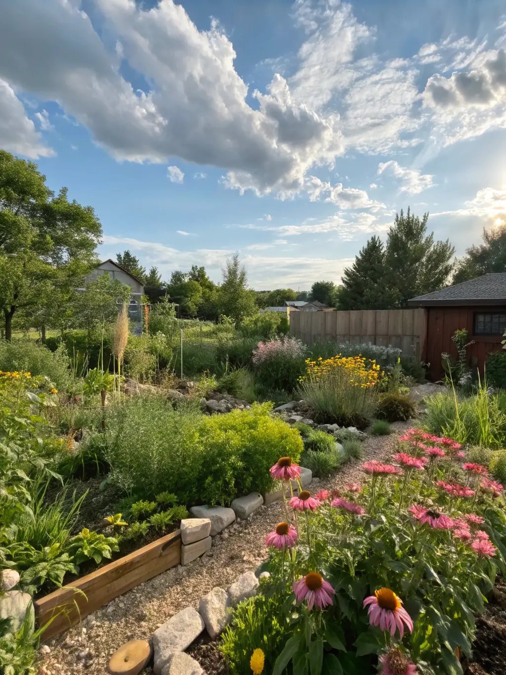 An eco-friendly garden with native plants, a rainwater harvesting system, and a compost bin, emphasizing Renovios' dedication to sustainable landscaping practices.